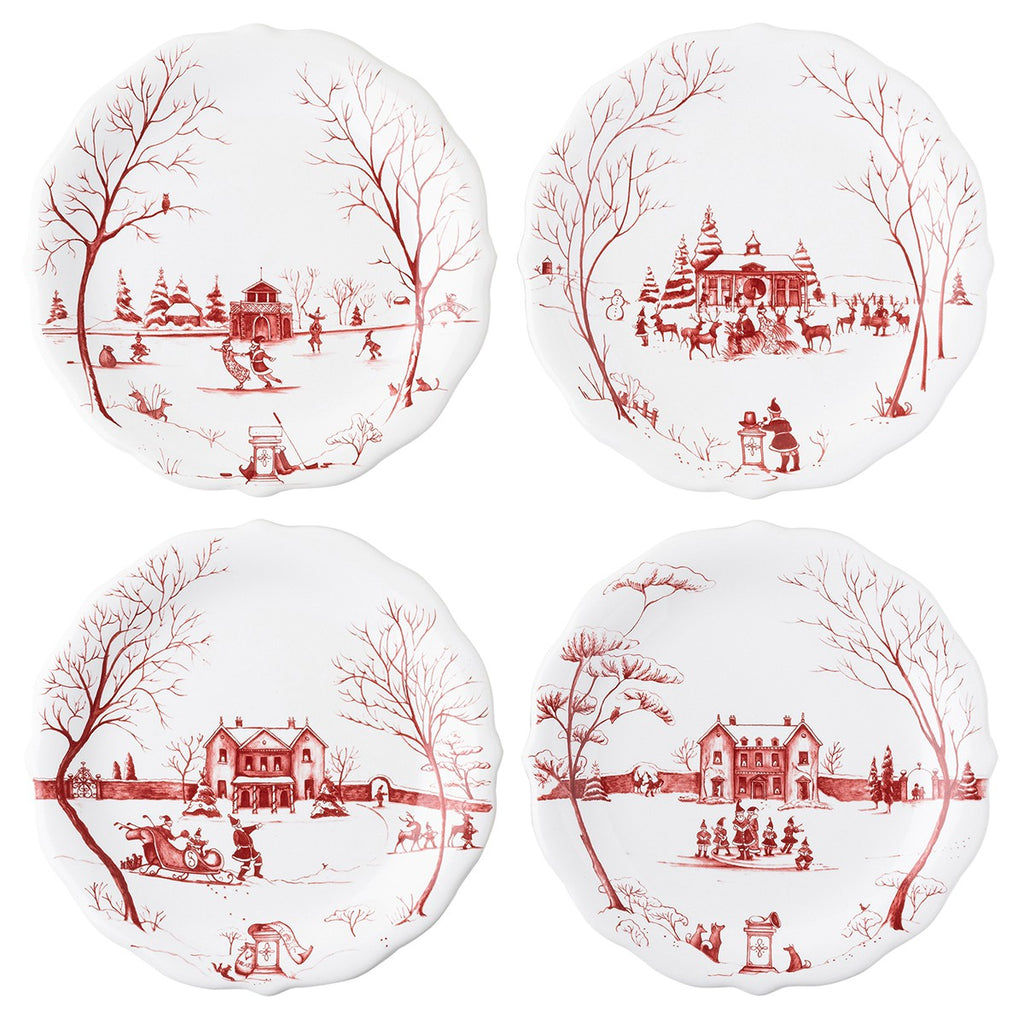 Country Estate Winter Frolic "Mr. & Mrs. Claus" Ruby Party Plates, Set/4